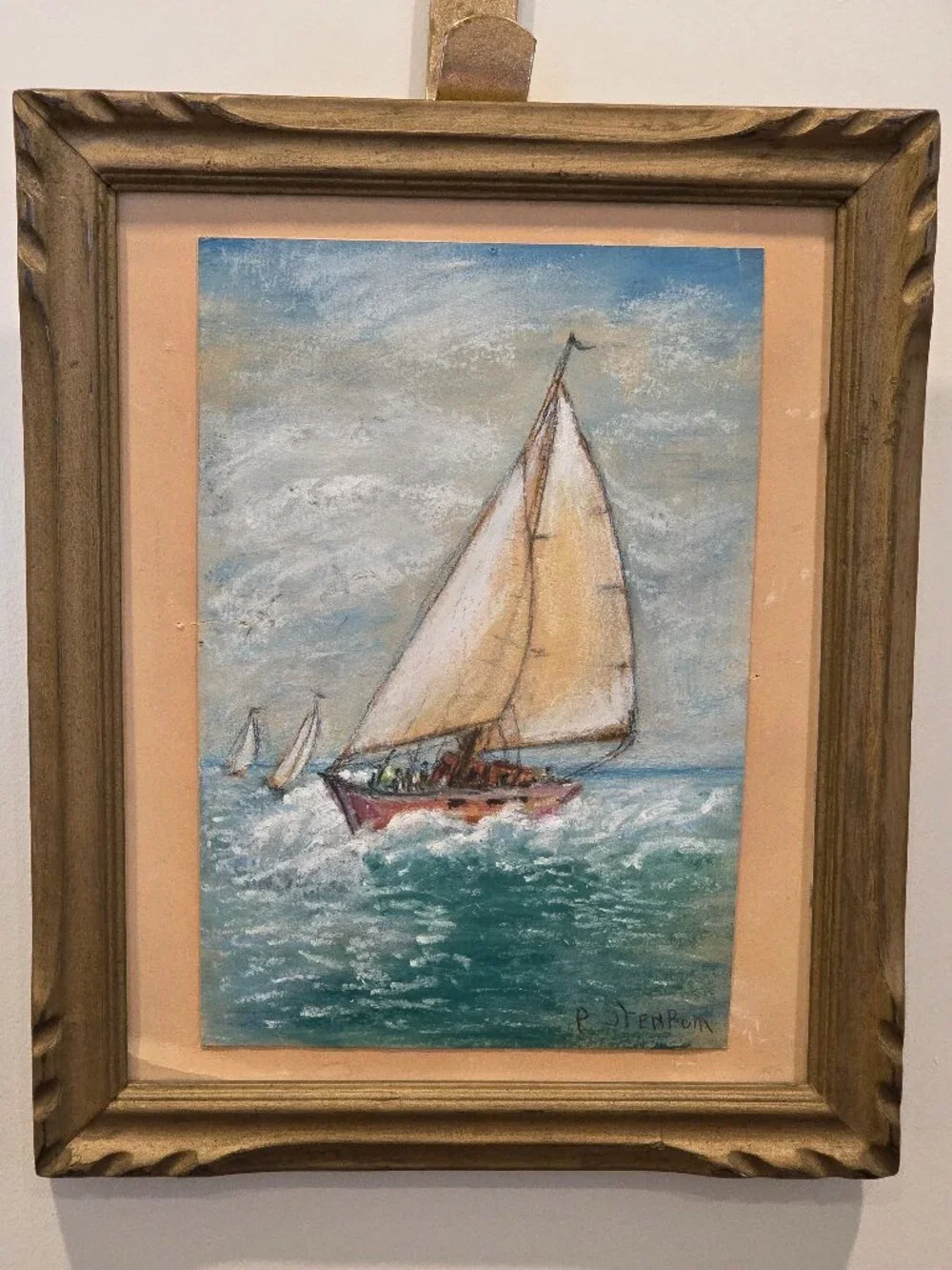 Framed pastel of nautical seascape painting featuring a sailboat 11.5
